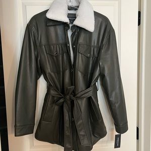 Kenneth Cole Faux Leather and Faux Sherpa Belted Shirt Jacket